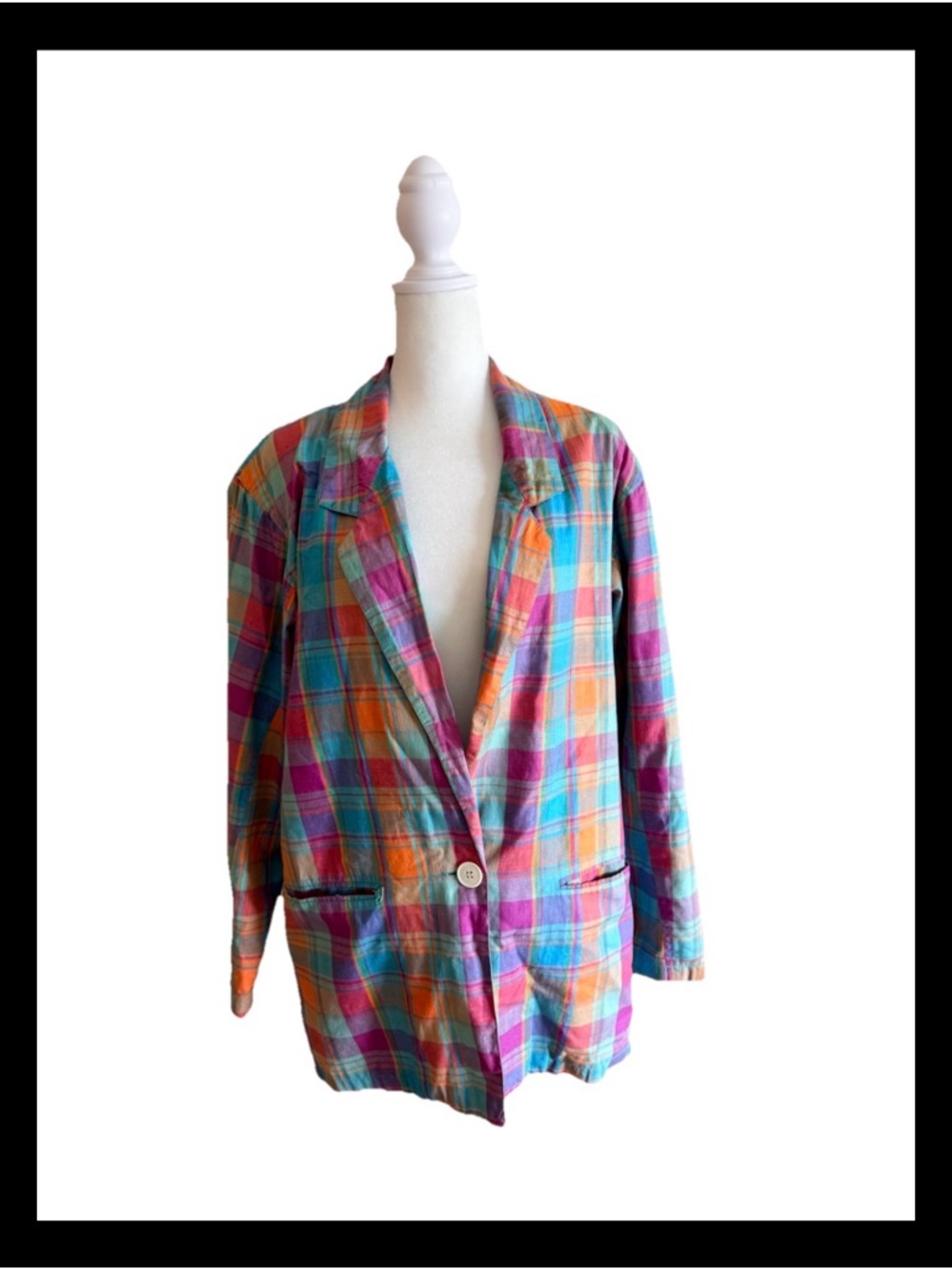 Vintage Adolfo Multicolor Plaid Blazer Jacket shoulder pads preppy campus 80s